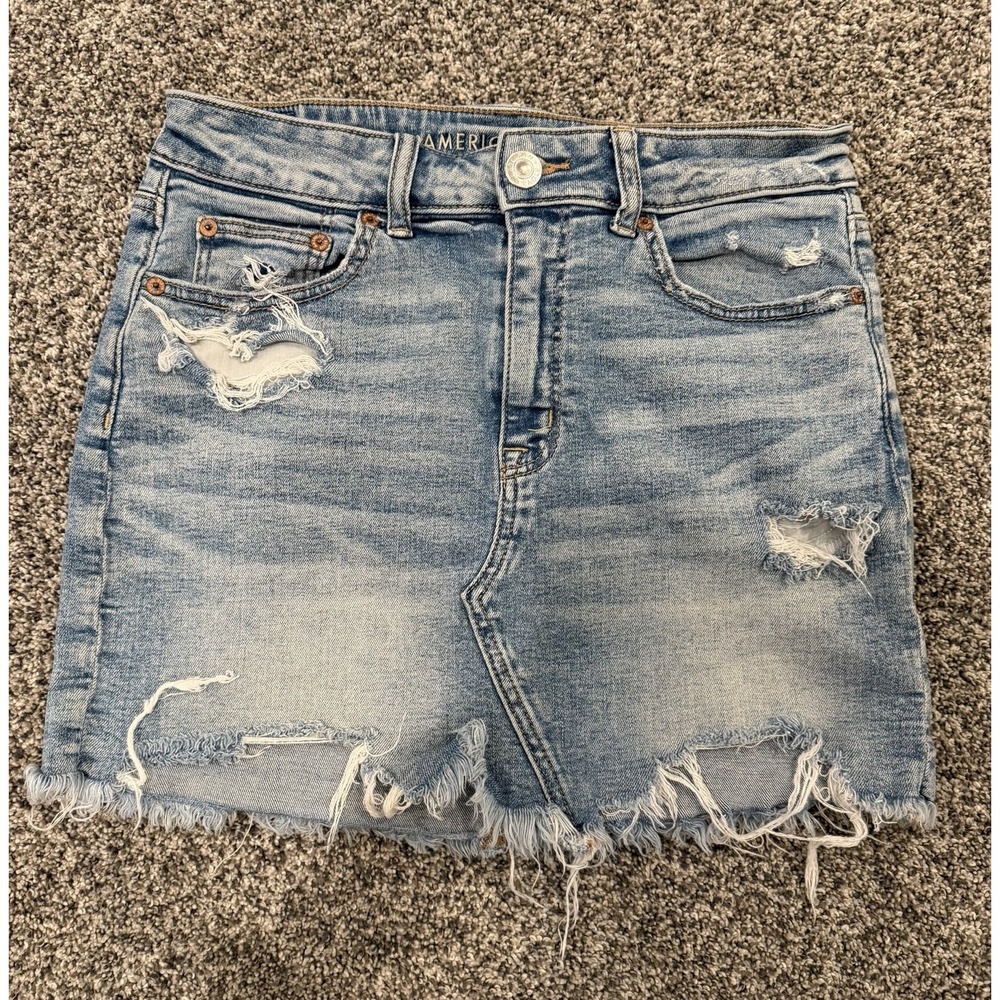 American Eagle Jean Denim Skirt  Womens Size 8 Distressed Super Stretch Blue